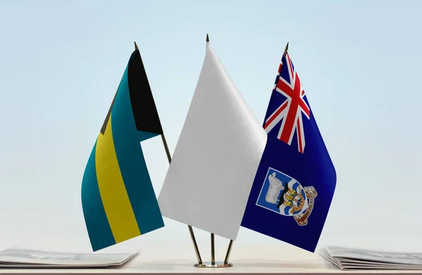 Bahamas Islas Malvinas Banderas Blancas Stand Con Papeles — Foto de Stock
