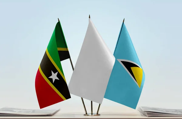 Saint Lucia Saint Kitts Och Vita Flaggor Monter Med Papper — Stockfoto