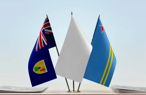 Islas Turcas Caicos Aruba Banderas Blancas Stand Con Papeles — Foto de Stock