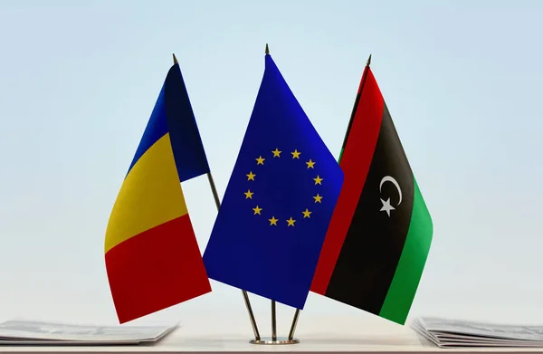 Libya Romania Flags Stand Papers — Stock Photo, Image