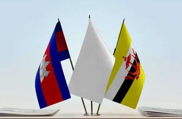 Cambodia Brunei Flags Stand Papers — Stock Photo, Image
