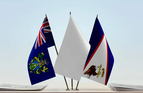 Islas Pitcairn Samoa Americana Banderas Blancas Stand Con Papeles — Foto de Stock