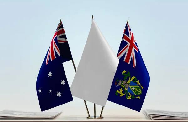 Australia Islas Pitcairn Banderas Stand Con Papeles — Foto de Stock
