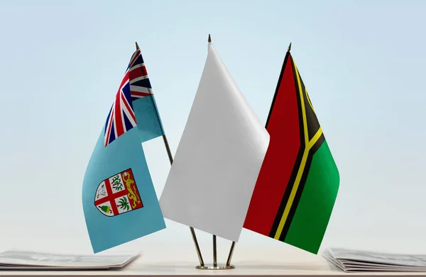 Fiji Vanuatu Och Vita Flaggor Monter Med Papper — Stockfoto