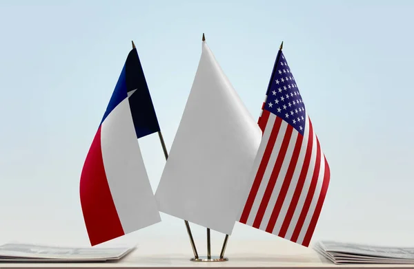 USA, Texas  and white flags on stand with papers