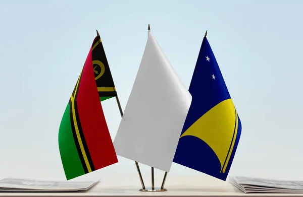 Vanuatu Tokelau Flags Stand Papers — Stock Photo, Image