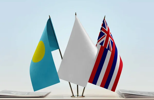 Palau Hawaï Drapeaux Blancs Sur Pied Avec Des Papiers — Photo