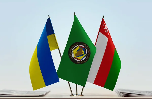 Ukraina Oman Flaggor Monter Med Papper — Stockfoto