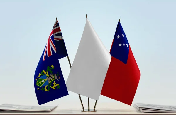 Islas Pitcairn Samoa Banderas Blancas Stand Con Papeles — Foto de Stock