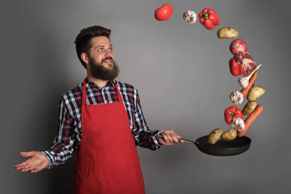 Cooking Man Concept Smiling Bearded Man Checked Shirt Drop Meat — Stock Photo, Image