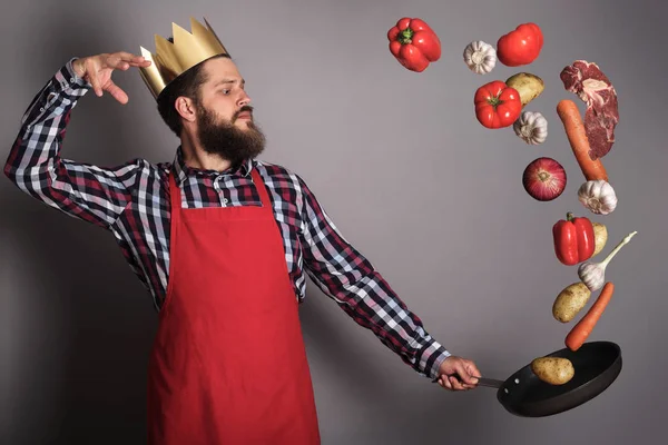 Cooking Man Concept King Kitchen Bearded Man Checked Shirt Drop — Stock Photo, Image