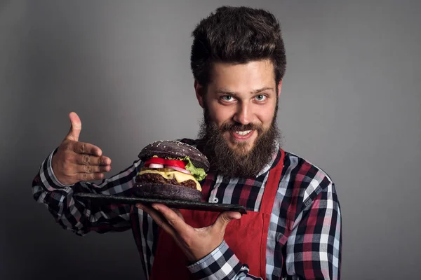 Man Pointing Fresh Self Made Burger Close — Stock Photo, Image