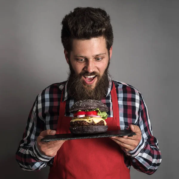 Man Looking Fresh Self Made Black Burger Close — Stock Photo, Image