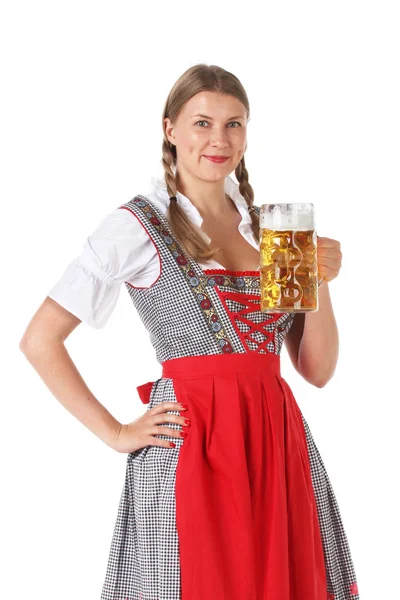 Krásná Oktoberfest Žena Drží Pivní Hrnek Izolované Bílém Pozadí — Stock fotografie