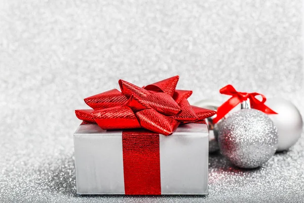 Christmas Holiday Composition Festive Decor Ball Gift Box Silver Glitter — Stock Photo, Image