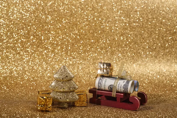 Regalo Dinero Navidad Purpurina Abstracta Oro Fondo Bokeh — Foto de Stock