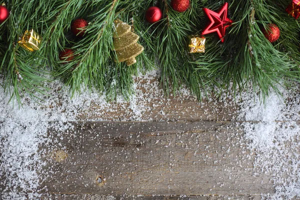 Tarjeta Navidad Sobre Fondo Madera Con Abeto Nieve Decoración Ver — Foto de Stock