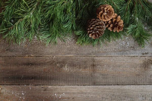 Noel Kartı Kar Köknar Ağacı Çam Kozalakları Ahşap Zemin Üzerine — Stok fotoğraf