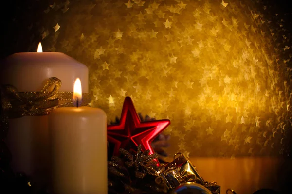 Christmas Decoration Burning Candle Decor Golden Star Bokeh Background — Stock Photo, Image