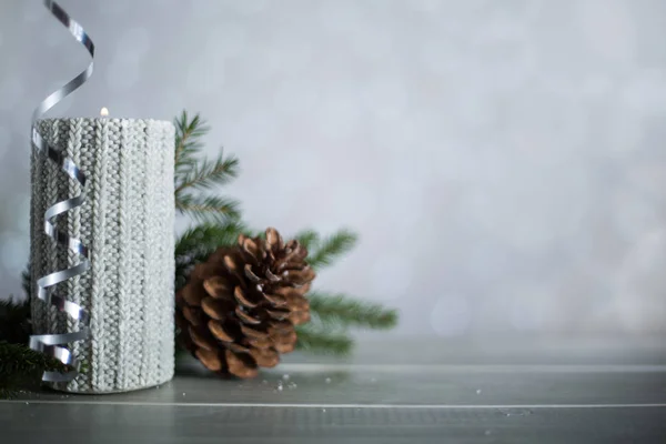 Silver Jul Nytt Ljus Med Lockigt Streamer Band Rosett Dekoration — Stockfoto