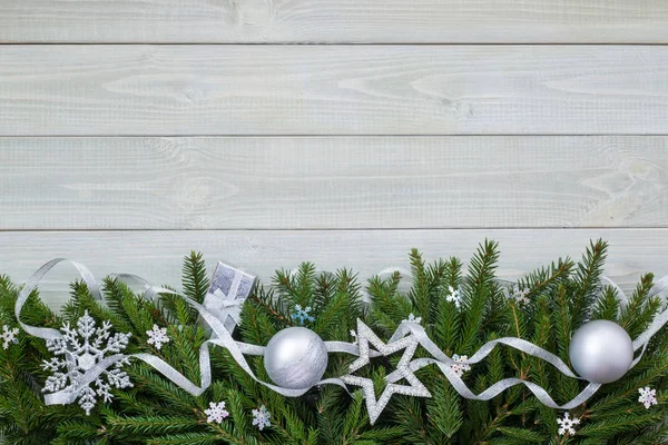 Christmas New Year Flat Lay Bauble Decor Fir Branches White — Stock Photo, Image