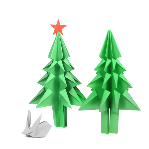 Origami Albero Natale Carta Verde Artigianale Isolato Sfondo Bianco — Foto Stock