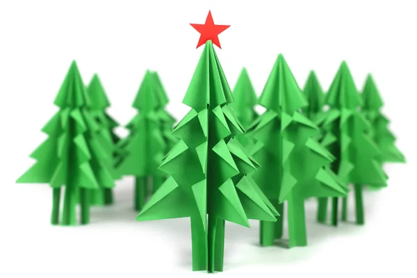 Origami Christmas Trees Green Craft Paper Isolated White Background — Stock Photo, Image