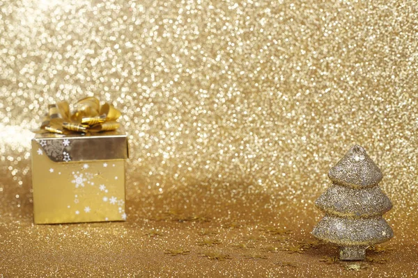 Regalo Natale Abete Bauble Sfondo Astratto Glitter Oro Bokeh — Foto Stock