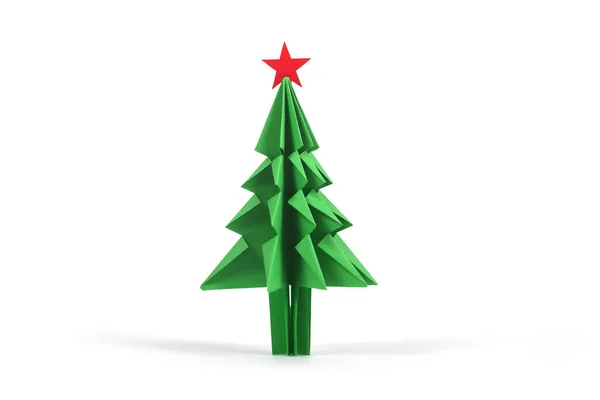 Origami Albero Natale Carta Verde Artigianale Isolato Sfondo Bianco — Foto Stock