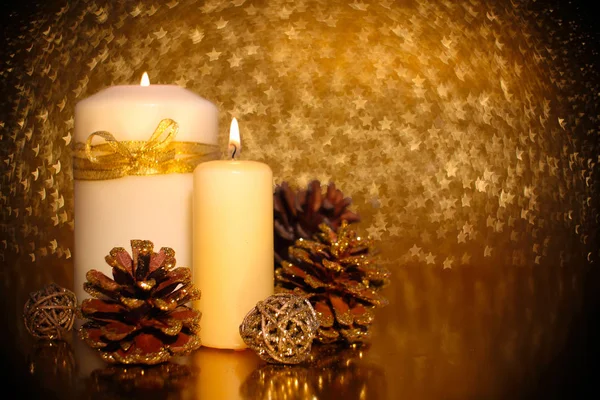 Christmas Decoration Burning Candle Decor Golden Star Bokeh Background — Stock Photo, Image