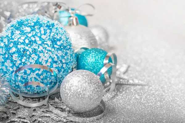 Christmas Decoration Colorful Glitter Balls Silver Glitter Background Copy Space — Stock Photo, Image