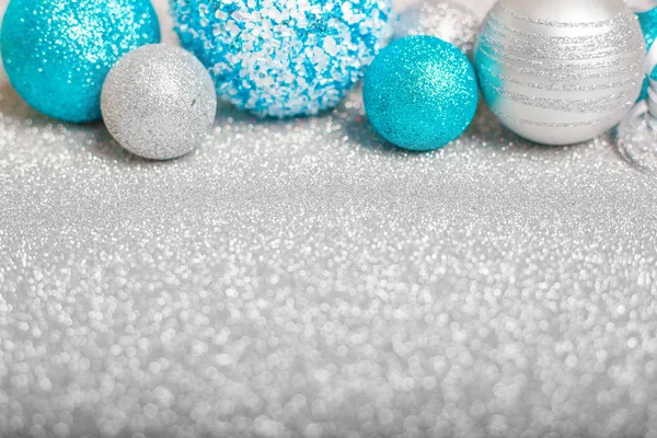 Christmas Decoration Colorful Glitter Balls Silver Glitter Background Copy Space — Stock Photo, Image