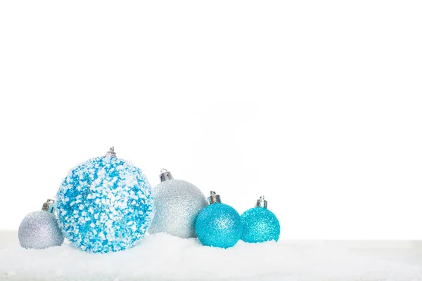 Decoración Navidad Bolas Brillo Colores Nieve Sobre Fondo Madera Con — Foto de Stock