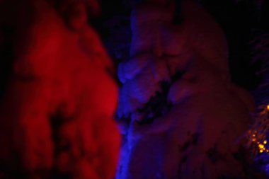 Yılbaşı zamanı, kar ormanlarında renkli, parlak, sihirli ışıklar.