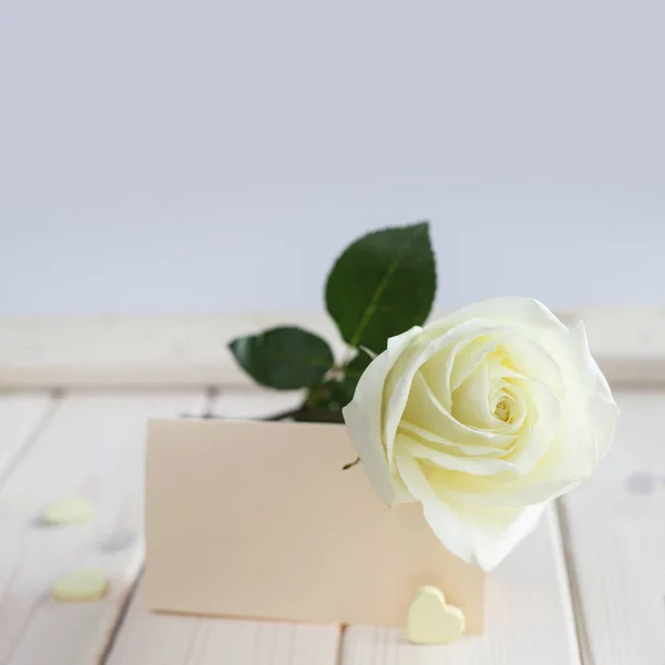 White Rose Hearts Blank Card Wooden Table Valentines Day Concept — Stock Photo, Image
