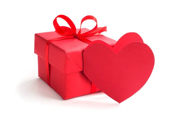 Small Red Gift Box Ribbon Bow Paper Heart Shaped Greeting — Stock Photo, Image