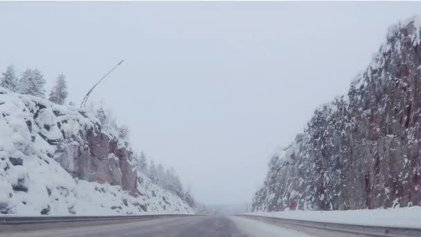 Bela Paisagem Estrada Entre Árvores Cobertas Com Geada Neve Círculo — Vídeo de Stock