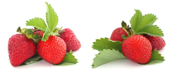 Set Piles Strawberry Berries Leaves Isolated White Background — Stock Photo, Image
