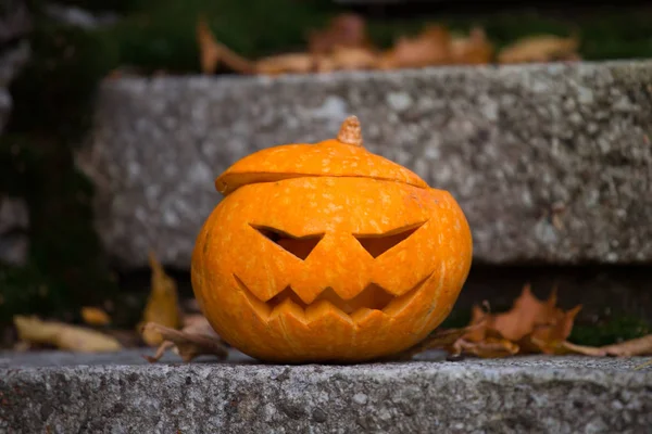 Abóbora de Halloween em degraus de escadas — Fotografia de Stock