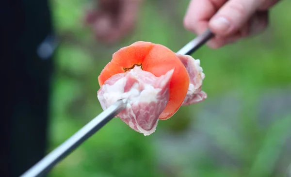 Grilling shashlik on barbecue grill — Stock Photo, Image