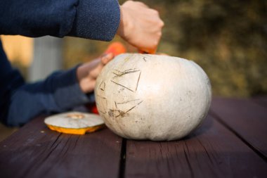 Bir balkabağını oyuyor