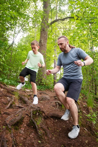Father Son Run Forest Together Care Sport Parenting Healthy Lifestyle — Stock Photo, Image
