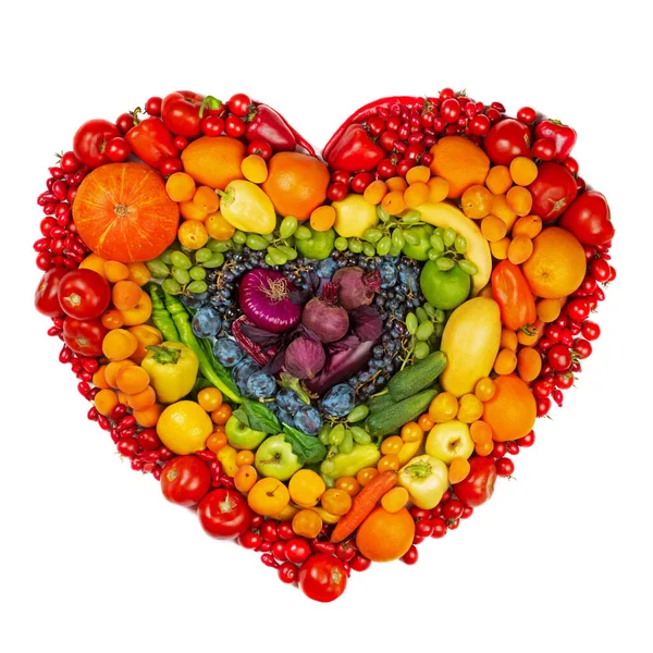 Rainbow Heart Fruits Vegetables Studio Isolated White Background Vegetarian Love — Stock Photo, Image