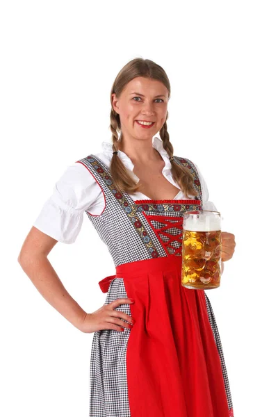 美丽的Oktoberfest女人举行啤酒杯隔离的白色背景 — 图库照片