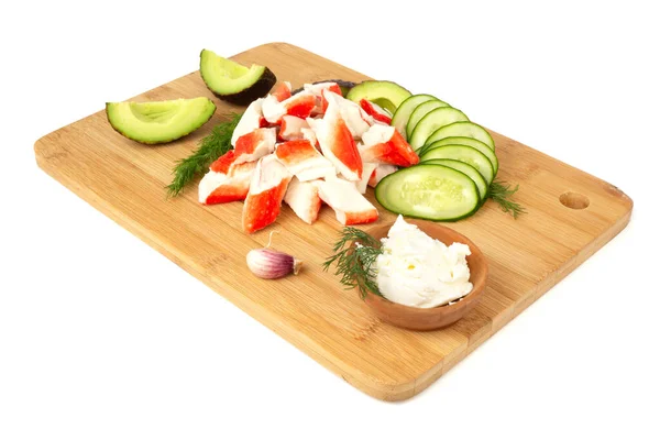 Crab Sticks Cut Meat Vegetables Avocado Cut Cucumbers Wooden Cutting — Stock Photo, Image