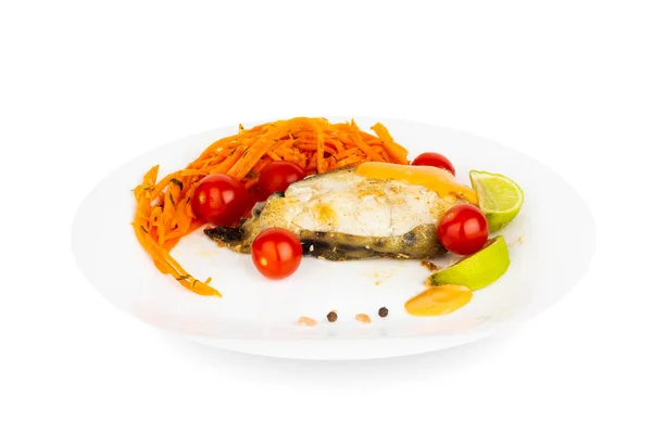 Fried Cooked Catfish Steak Garnish Sauce Vegetables White Plate Isolated — Stock Photo, Image