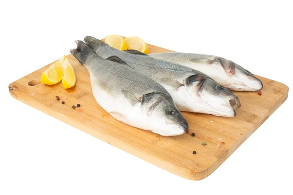 Raw Seabass Fish Wooden Cutting Board Isolated White Background — Stock Photo, Image