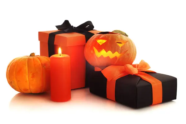 Citrouille Halloween Cadeaux Isolés Sur Fond Blanc — Photo