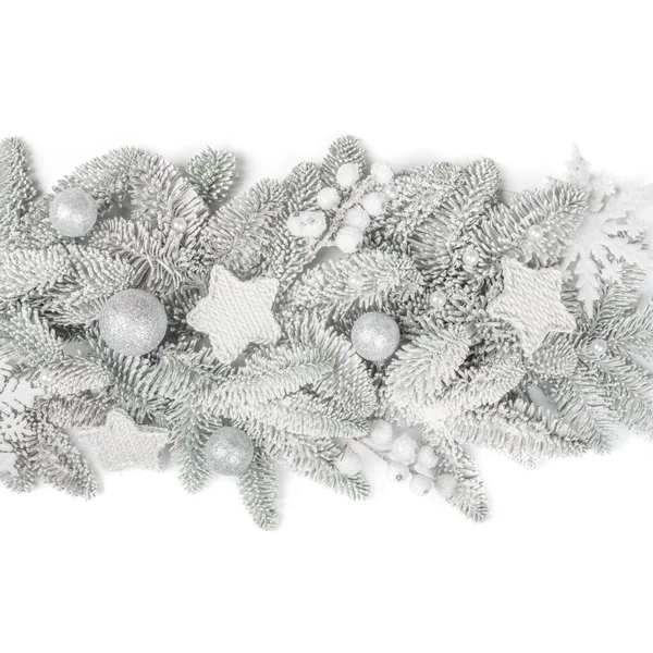 Frosted Fir Tree Twigs Christmas Decorative Bauble Balls Isolated White — Stock Photo, Image