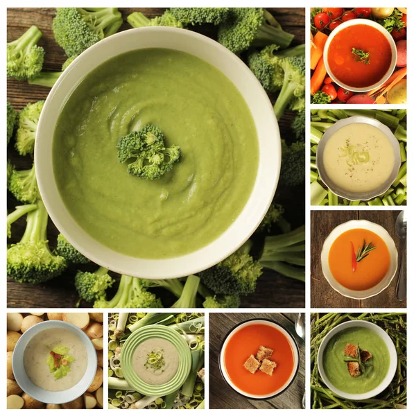 Collage Que Muestra Diferentes Tipos Sopa Tomate Apio Espárragos Puerro —  Fotos de Stock